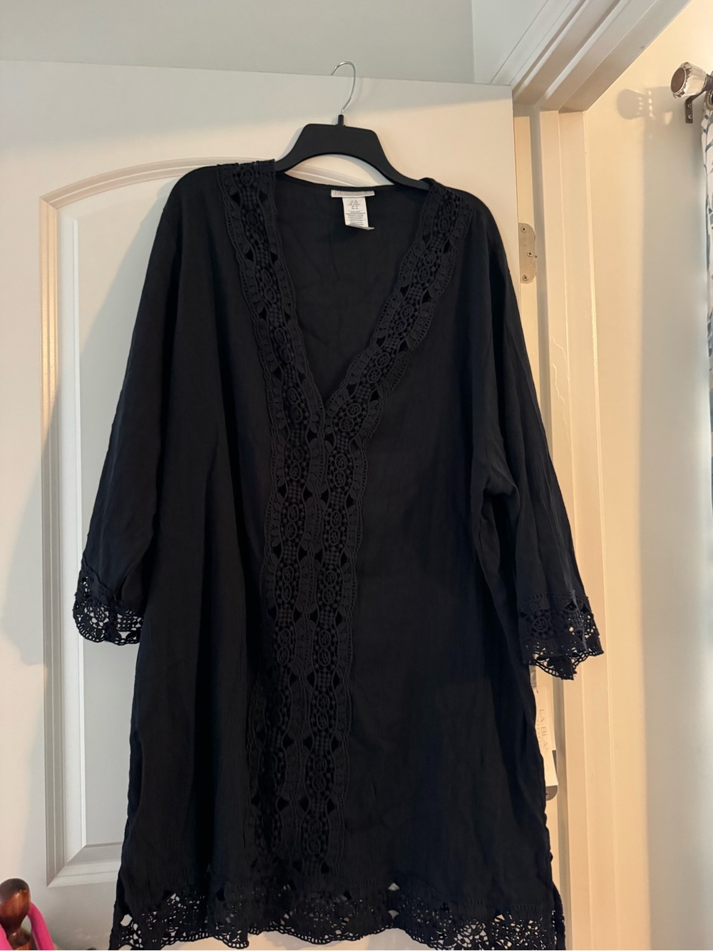 La Blanca Black Crochet-Trim Long Sleeve Tunic Dress